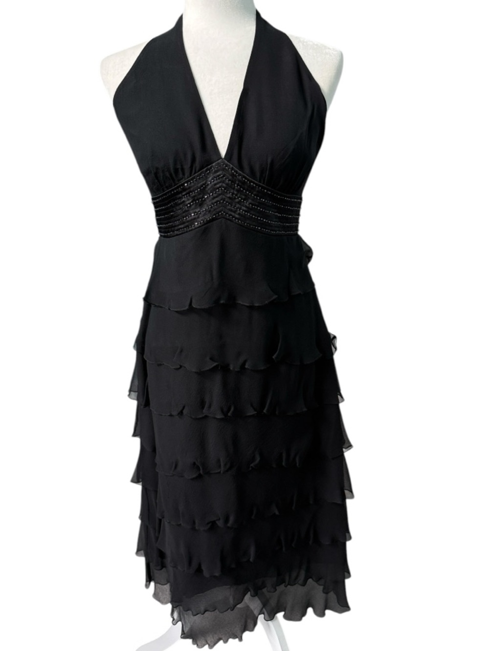 Dave & Johnny By Laura Ryner Black Halter 100% Silk Ruffled Tiered Dress Sz 7/8